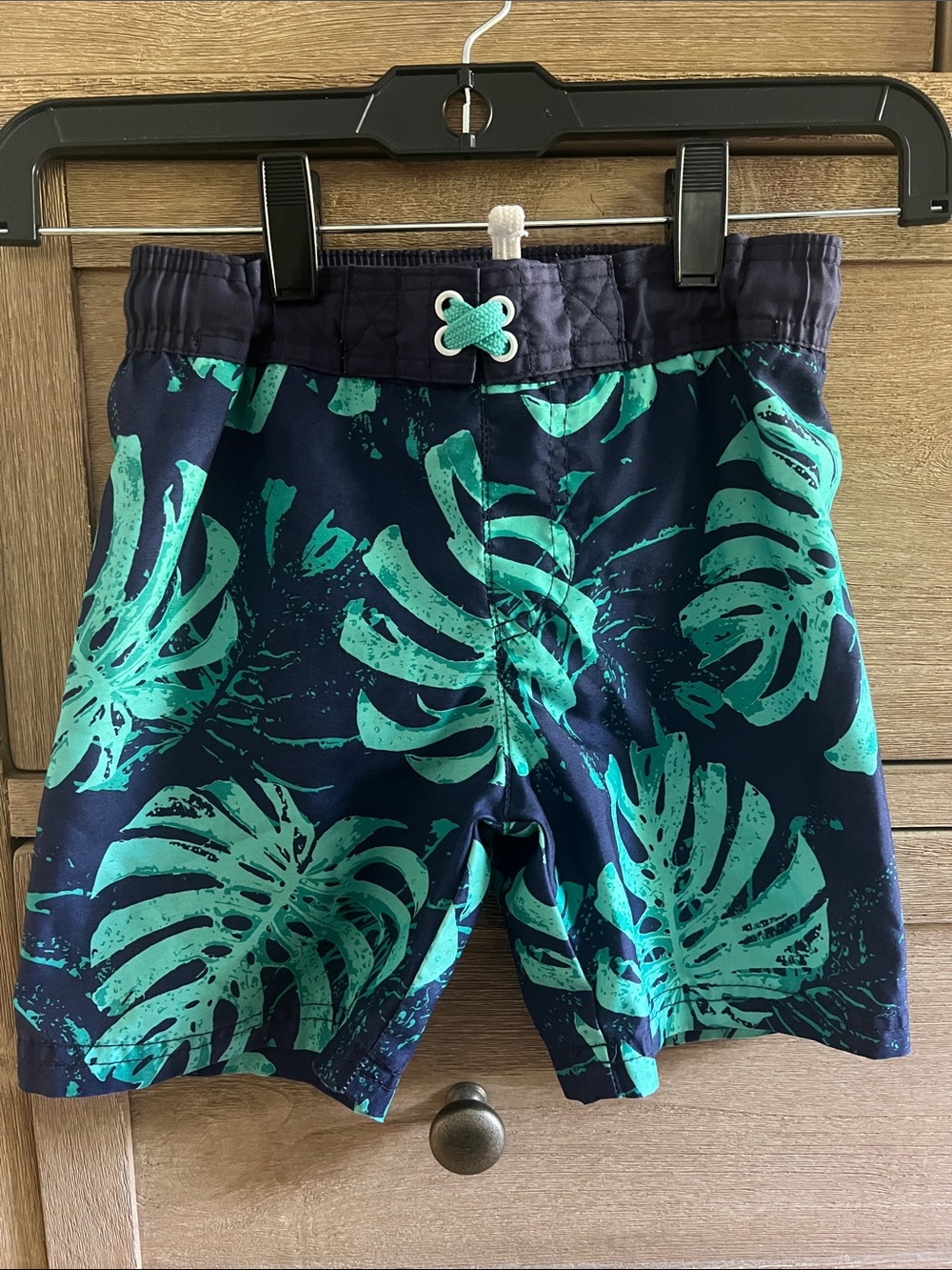 Cat & Jack Navy Swim Shorts with Teal Leaf Print